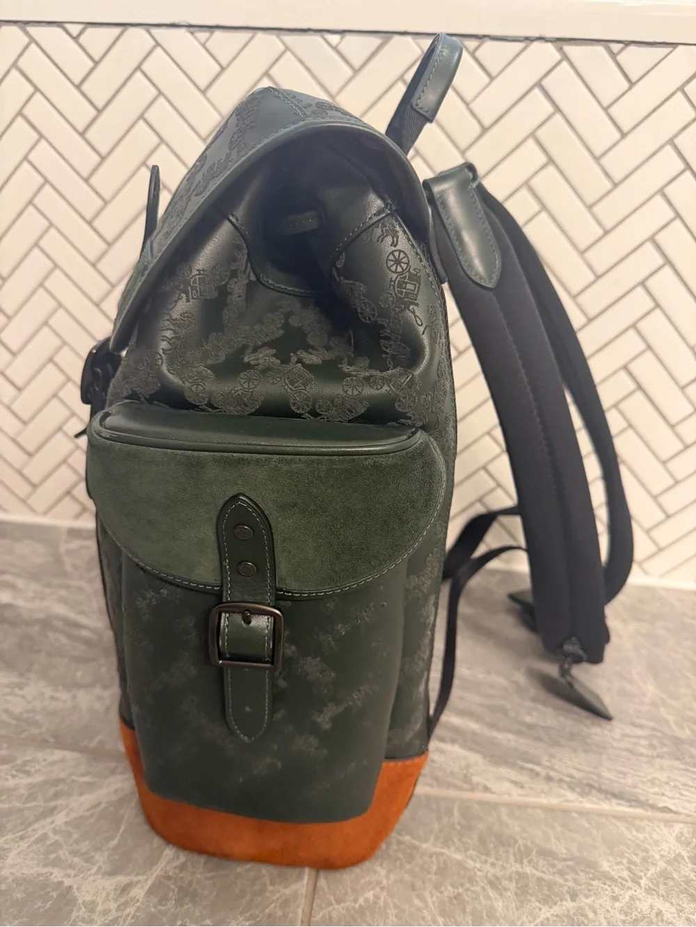 Coach Forest Green Signature Stagecoach Leather Backpack with Brown Suede Base